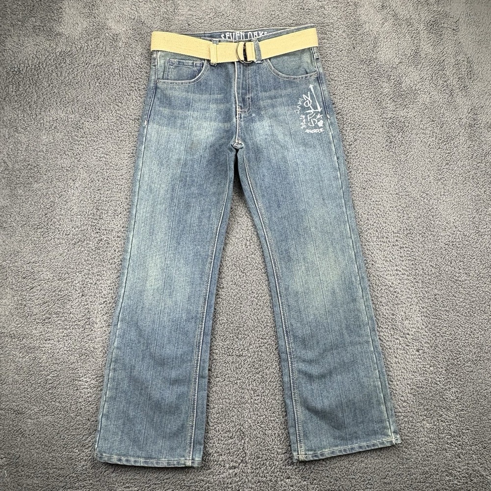 Seven Oaks Jeans Women 16 (29x27) Midrise Belted‎ Bootcut Med Wash Blue Denim